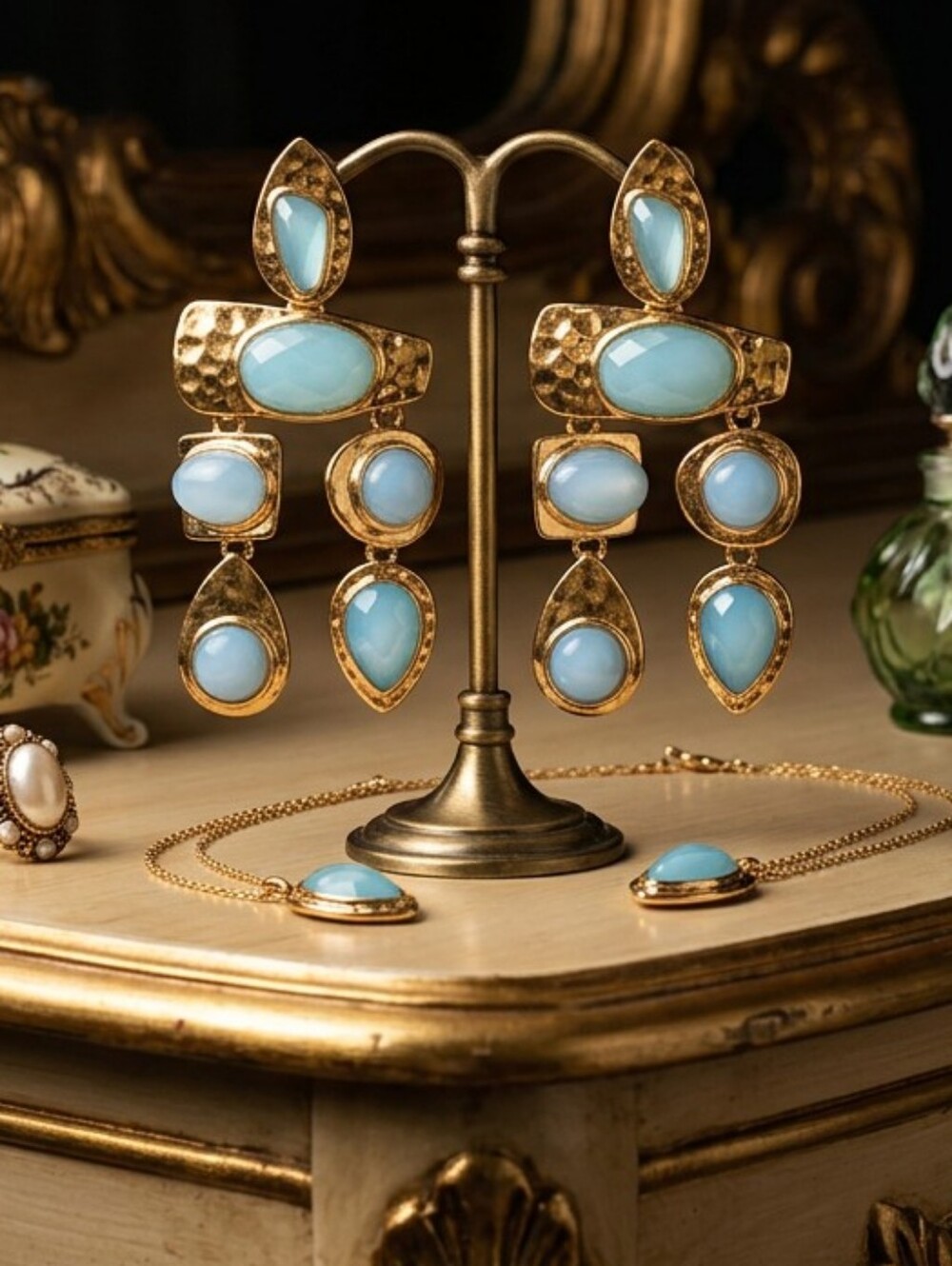 NWT Handmade Azure Blue Waterdrop Crystal Chandelier Gold Drop Earrings